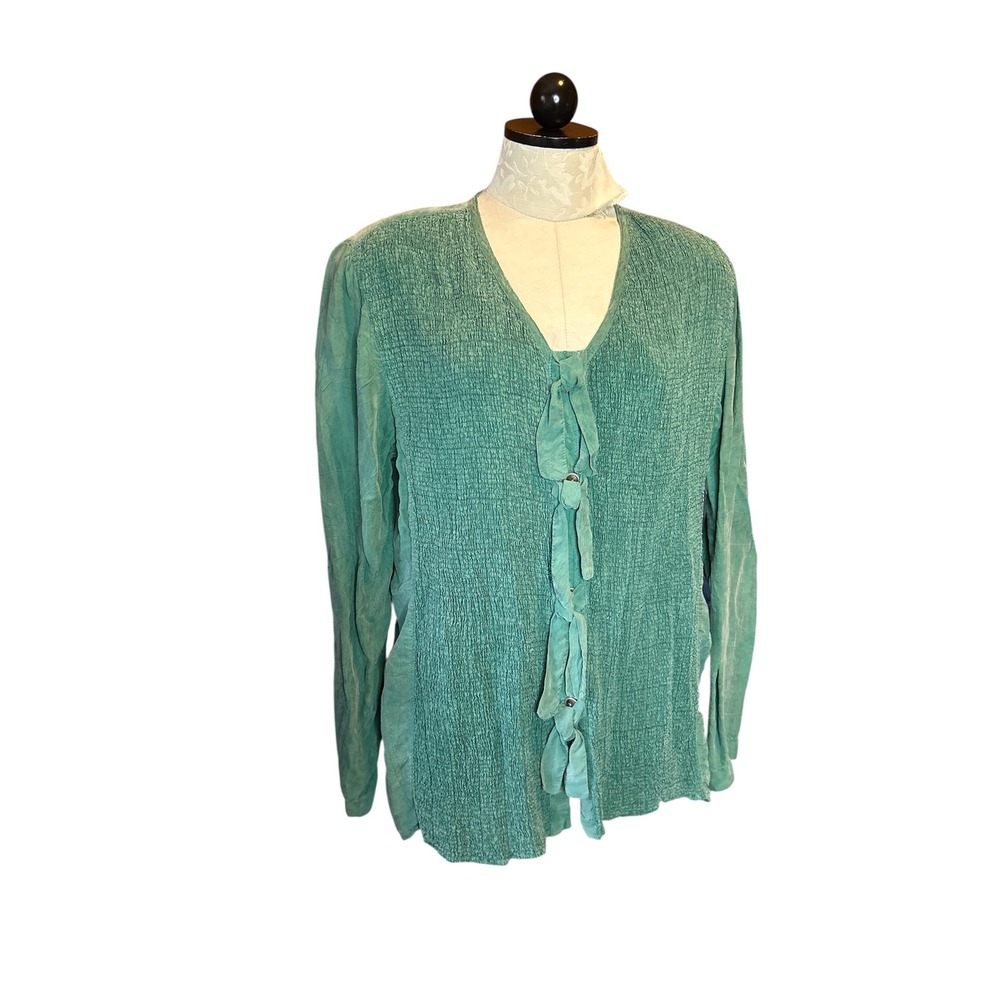 Action Wear USA VTG Garment Dyed Smocked‎ Crinkle Bow Front Top Green NWT L